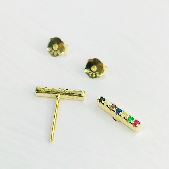 Rainbow CZ Bar Stud Earrings - Picture 3 of 8